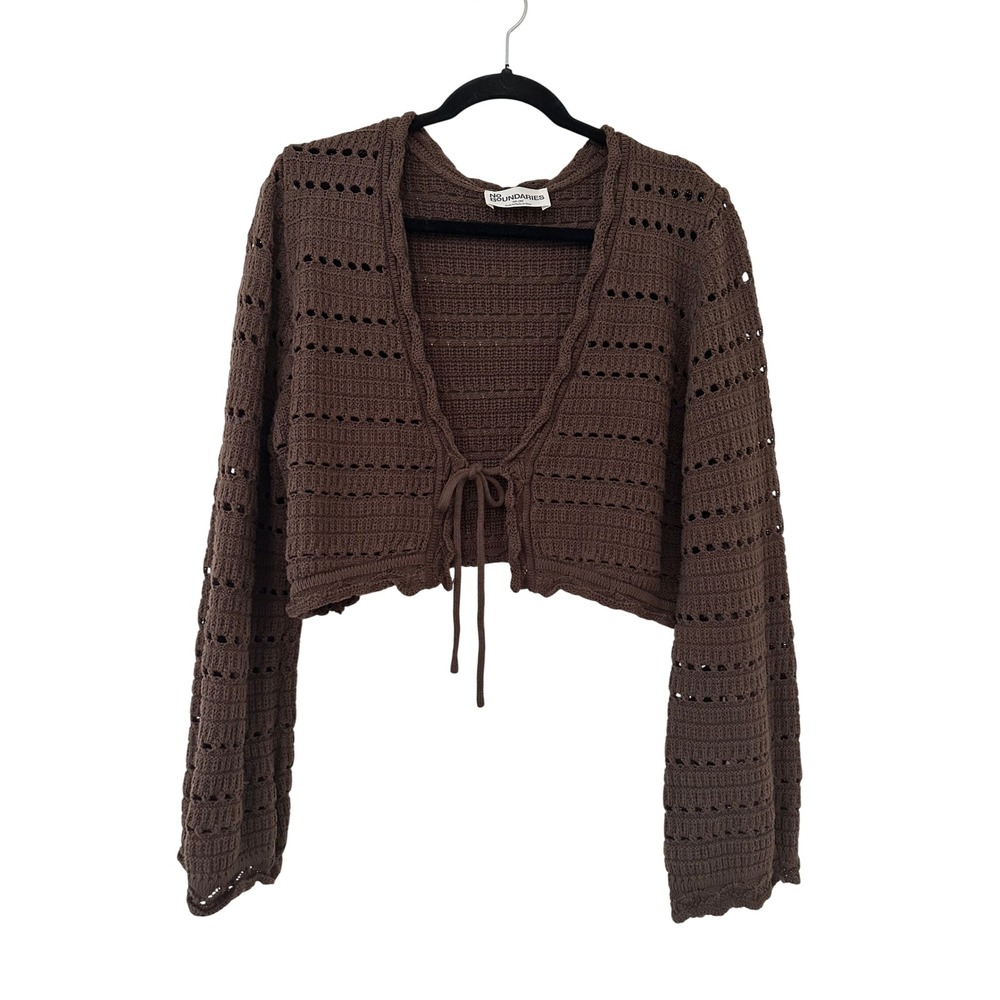 No Boundaries Brown Boho Crochet Knit Cropped Tie Front Cardigan XXL Bell Sleeve